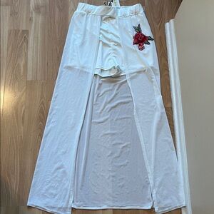 White Skirt attached shorts Red Floral Embroidery open front slit sheer bottom